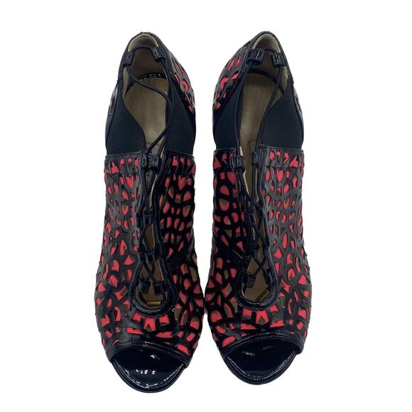 JIMMY CHOO TACTIC Laser Cut BLACK GERANIUM PATENT LEATHER PEEP-TOE PUMP Bootie - Picture 3 of 14